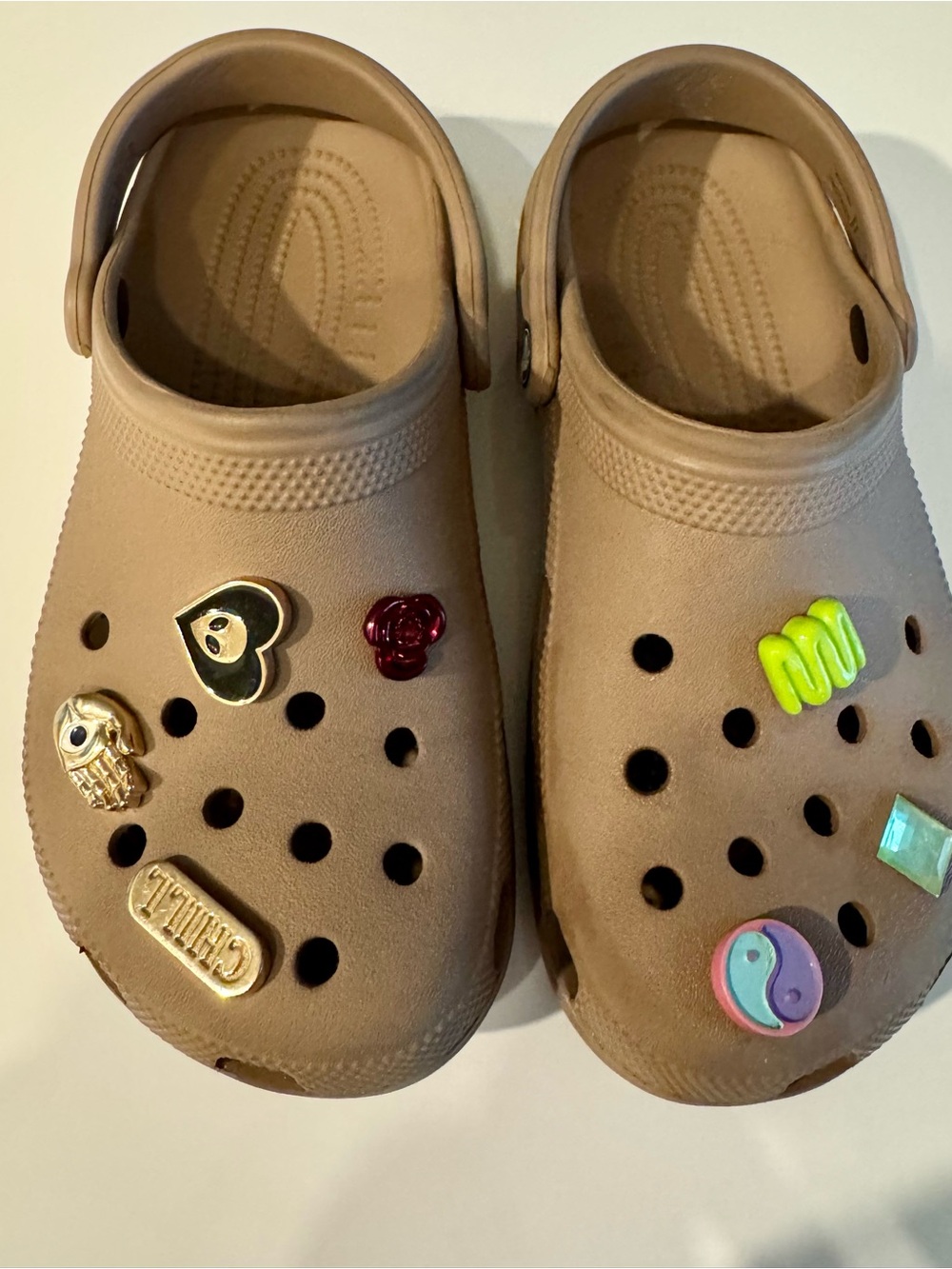 Neutral Brown Crocs Sandals with Fun Jibbitz Charms